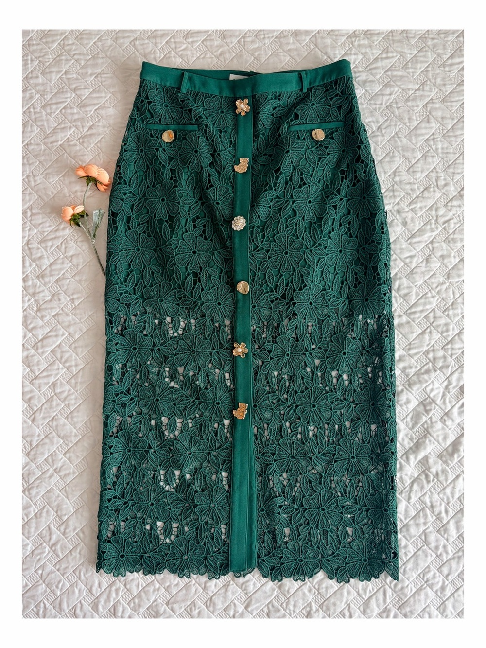 NWT Self-Portrait Green Guipure Lace Midi Skirt Belted Floral Size US 8